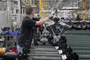 Employee at Harley-Davidson Powertrain Operations facility shipping a completed powertrain Employee at Harley-Davidson Powertrain Operations facility shipping a completed powertrain.
