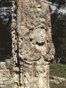 Stone portraits, or stelae, line the central plaza in Copan, Honduras.