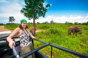 Young woman in a safari jeep in Sri Lanka met a group of elephants