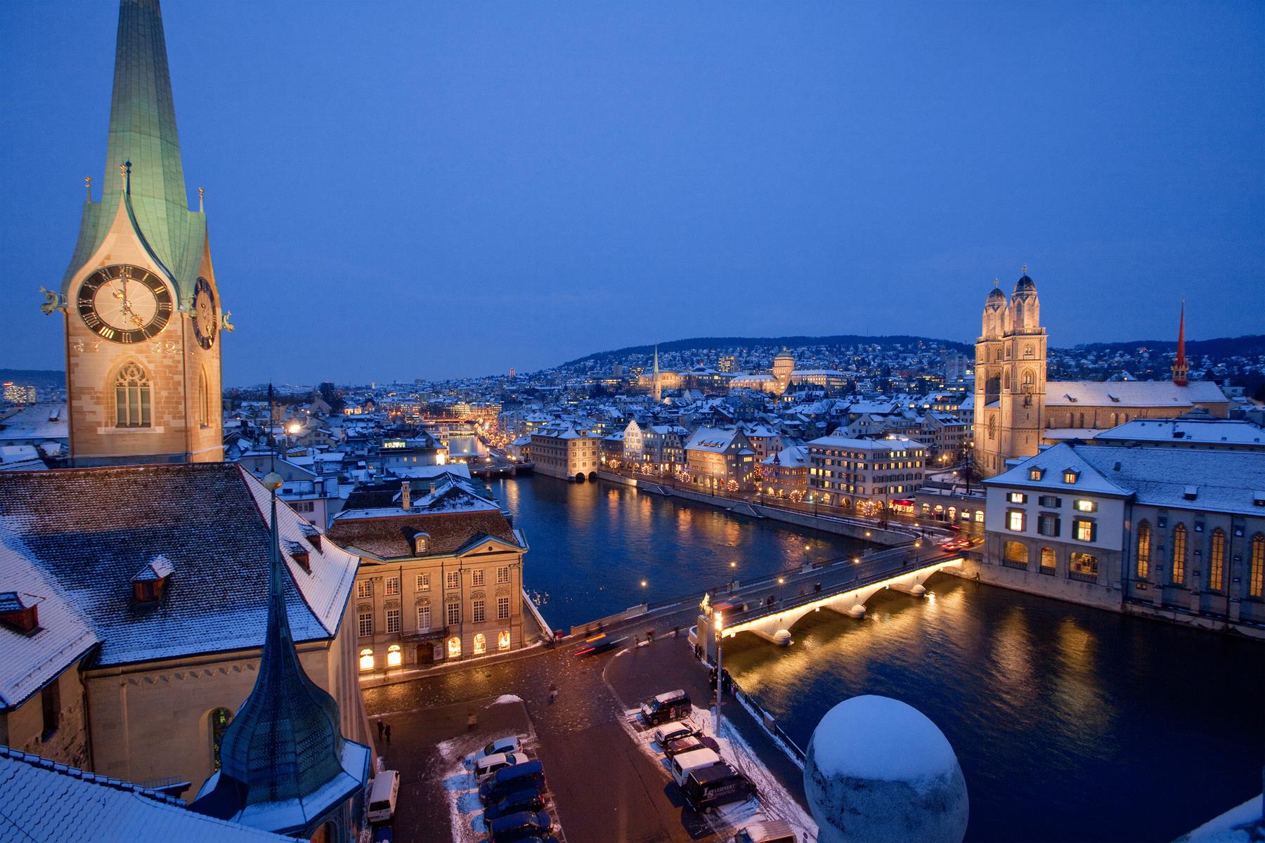 Zurich’s Old Town sits on the River Limmat along with the Grossmünster Cathedral and Fraumünster Church.