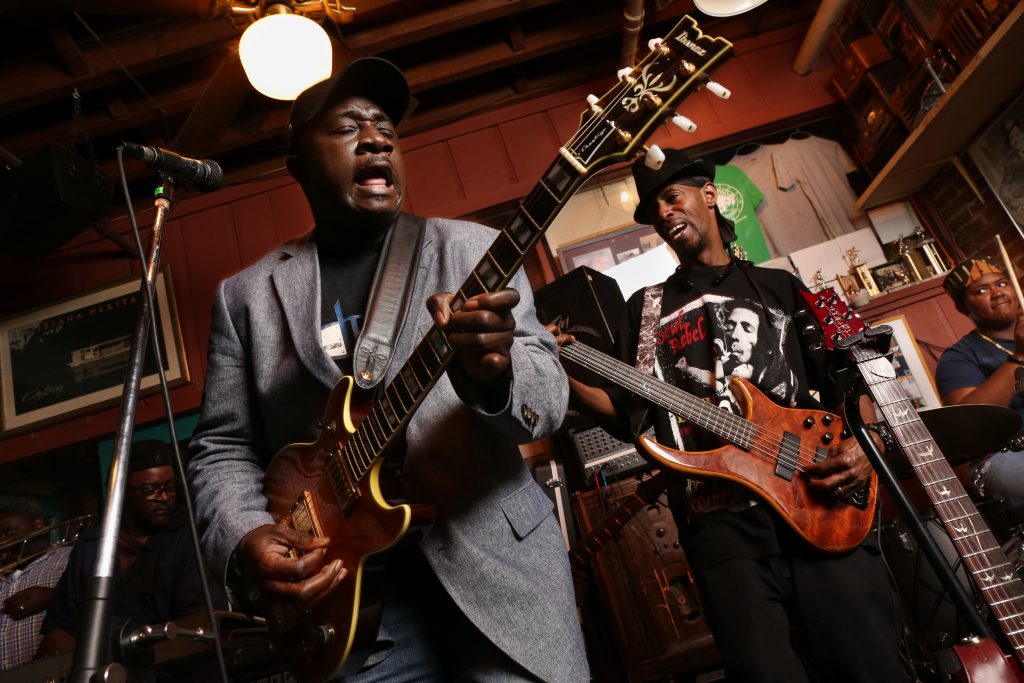 Blues artist Dexter Allen and bassist Jonah Nelson perform during the Blue Monday Blues Jam at Hal and Mal's club in Jackson, MS.