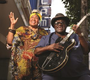 Dorothy Moore and King Edward in front of the Alamo Theater on Farrish St. in downtown Jackson, MS. Photos of Jackson MS-area blues musicians for 2016 Jackson MS-themed issue of Living Blues Magazine