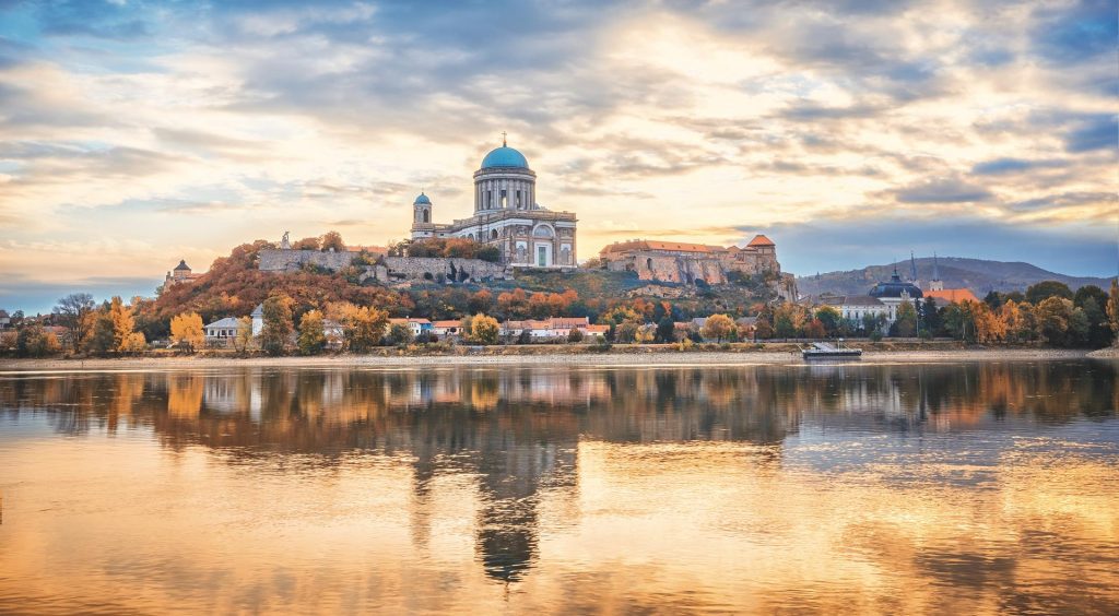 Esztergom, Hungary, Basilica of the Blessed Virgin Mary. Amazing morning view over Danuber river, beautful reflections mirrored in water.