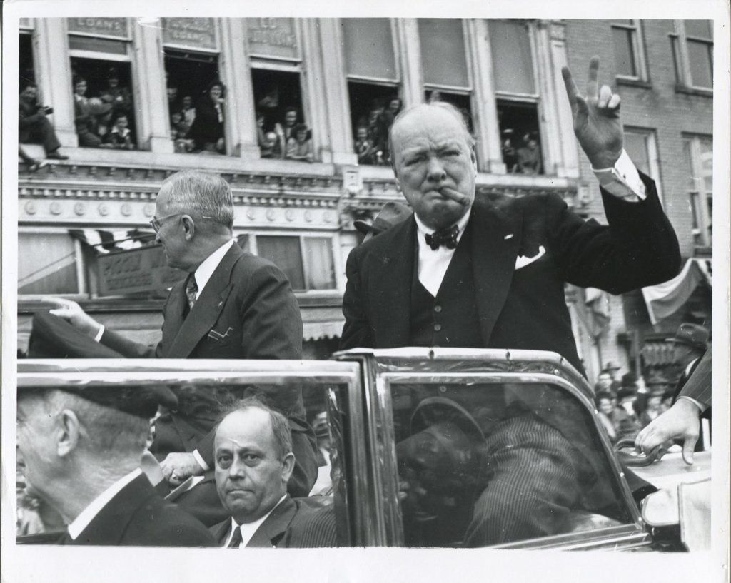 CH.07.041a Churchill, Truman, Westminster Pres McCluer (below) greet crowds during parade