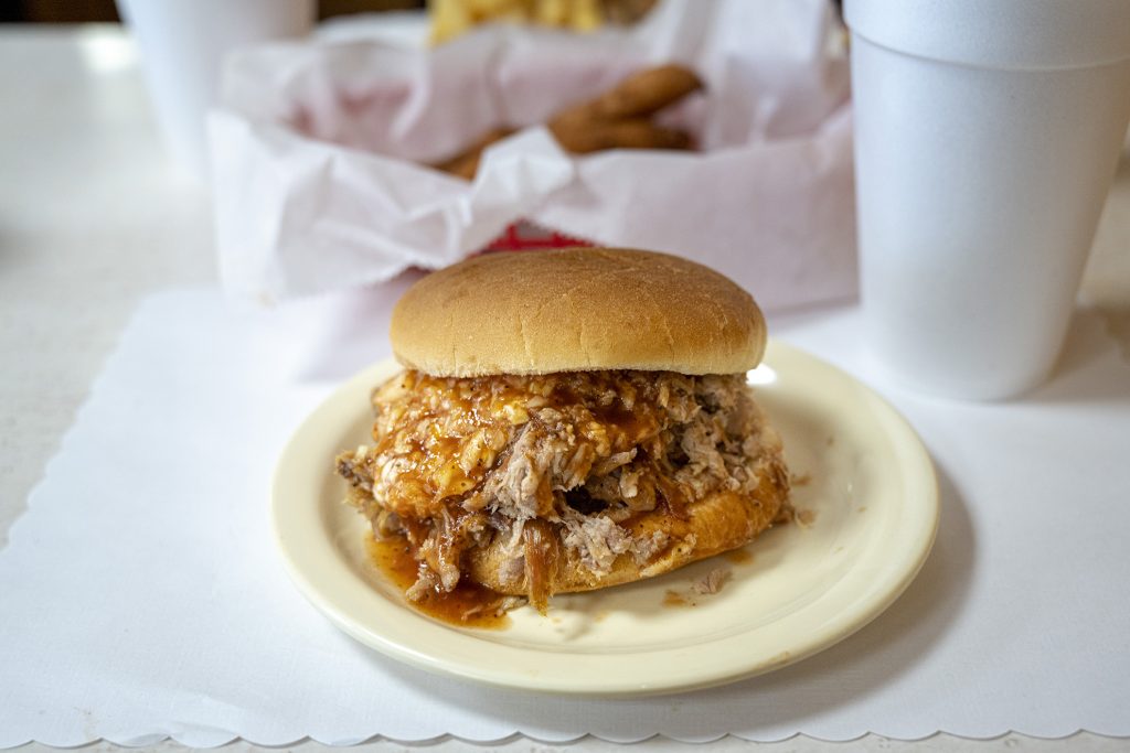 A sandwich with finely chopped pork at Barbecue Center in Lexington.