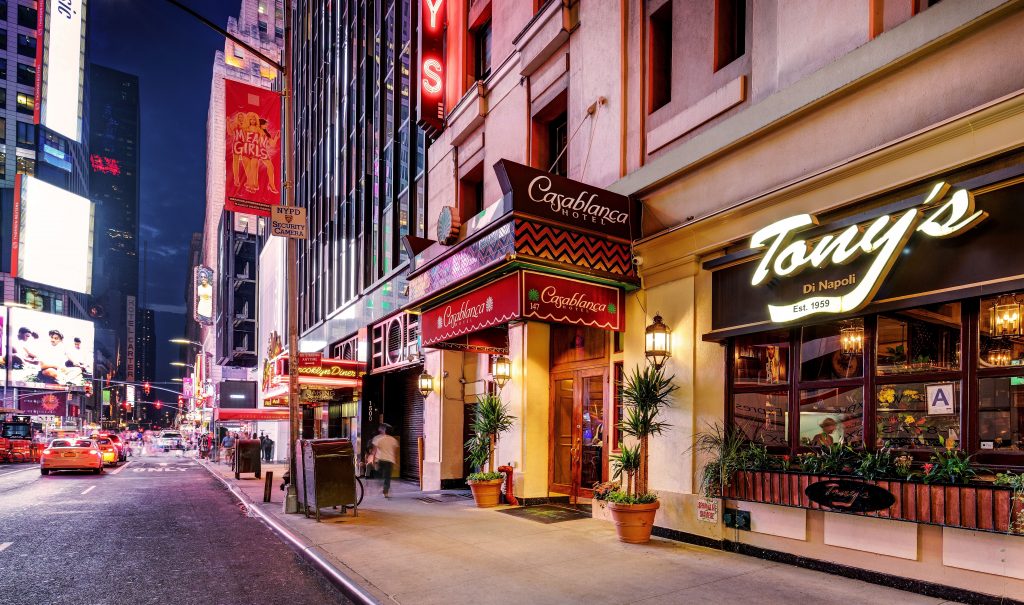 The Casablanca Hotel is tucked away less than a half block from the swirl of activity on Times Square. Tony’s Di Napoli restaurant is attached to the hotel