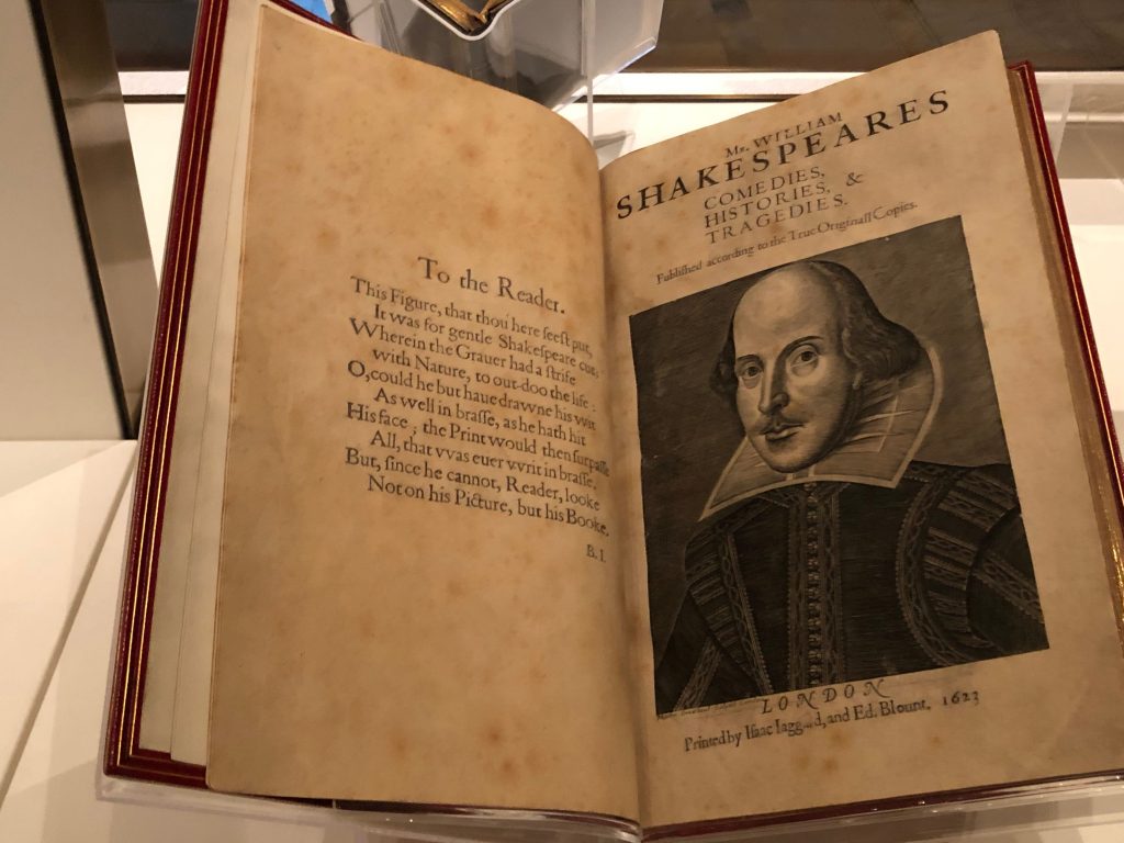 A 1623 book of Shakespeare plays is on display with other rare items in the Treasures exhibit at the main branch of the New York Public Library.