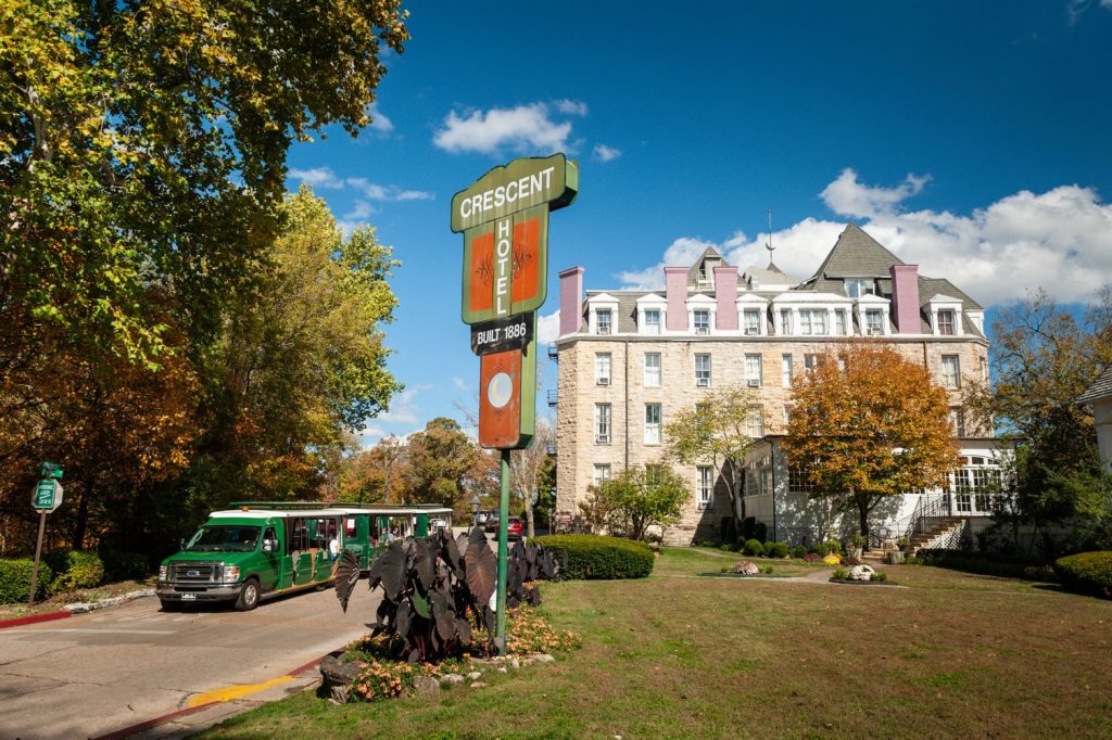 Eureka Springs’ 1886 Crescent Hotel, a member of Historic Hotels of America, is a stop on the public trolley route and on narrated tram tours. (Photo credit: Arkansas Tourism)