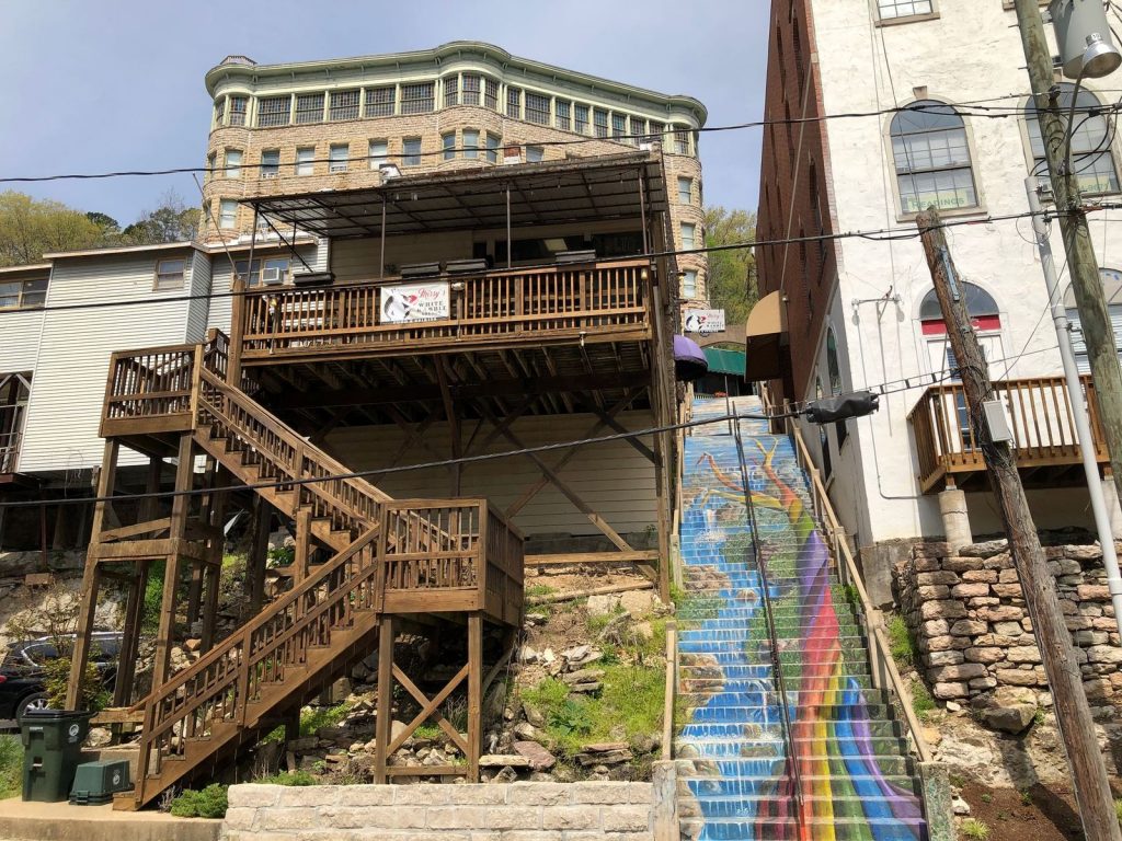 The Rainbow Stairs, a stunning work of public art, connects one level of downtown Eureka Springs to another. (Randy Mink Photo)