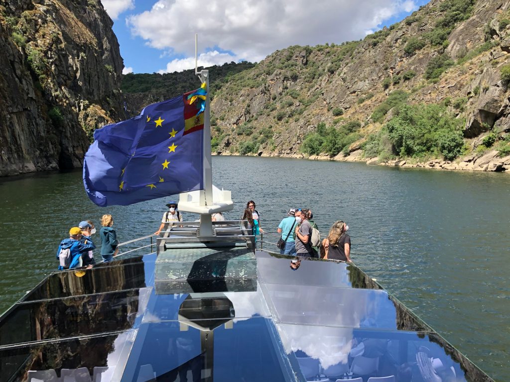Flying the flag of the European Union, this excursion boat offers a narrated environmental cruise spotlighting the geology, flora and fauna of the Douro River Valley, a land of scenic splendor on the Spain-Portugal border. (Randy Mink Photo)