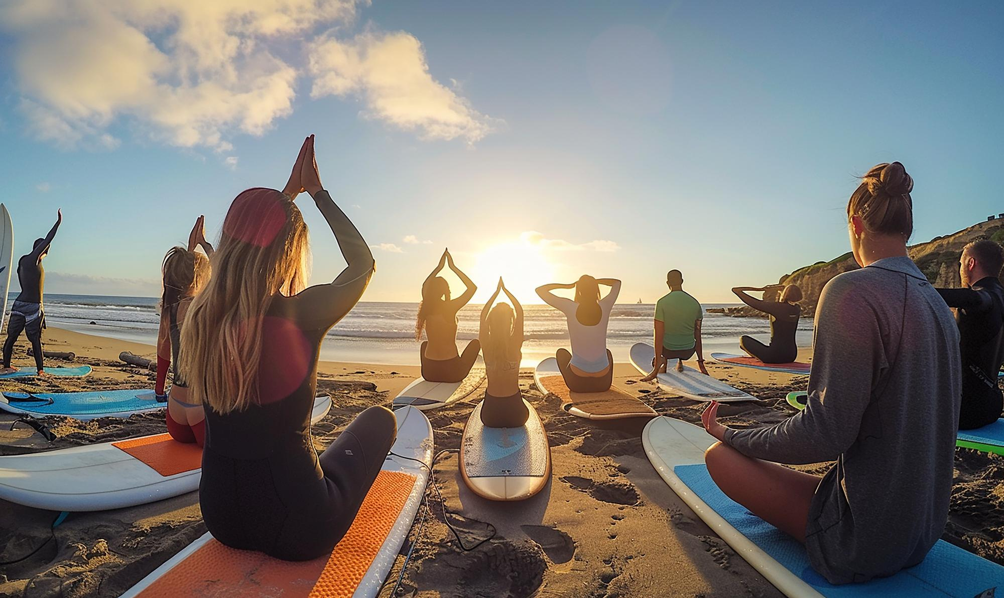 Beach Vacations for Relaxing Group Trips - surfers enjoying beach yoga. Photo credit Freepik