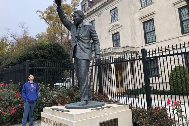 A statue of Nelson Mandela stands outside the South African Embassy on a stretch of Massachusetts Avenue known as Embassy Row. (Randy Mink Photo)
