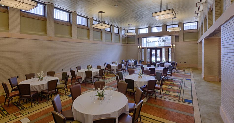 The former City National Bank now serves as the ballroom and conference center of Mason City’s Historic Park Inn, a boutique hotel. (Photo credit: Visit Mason City)