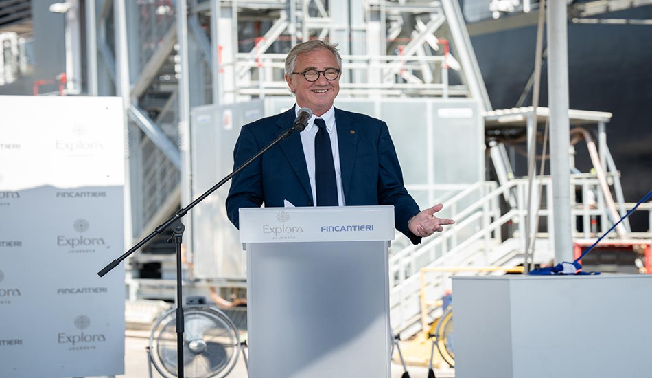 Pierfrancesco Vago, executive chairman of MSC Group’s Cruise Division, speaks at the ceremony at Italy’s Fincantieri shipyard.