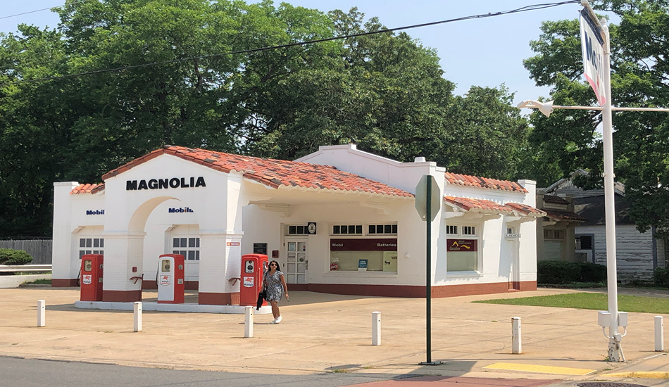 Magnolia Mobil service station, restored to its 1957 appearance, is located across the street from Little Rock Central High School. It was the nerve center for journalists reporting on the school desegregation crisis. (Randy Mink Photo)