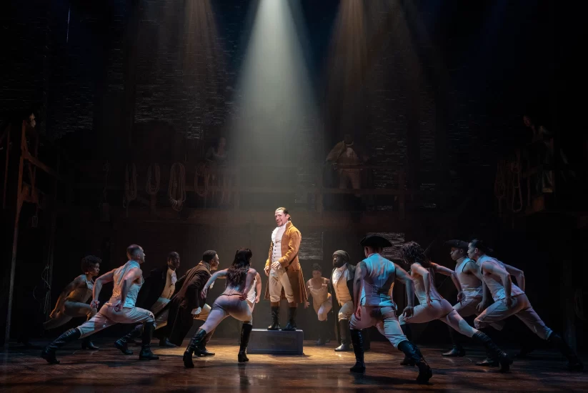 Miguel Cervantes and company in HAMILTON on Broadway - photo credit Joan Marcus