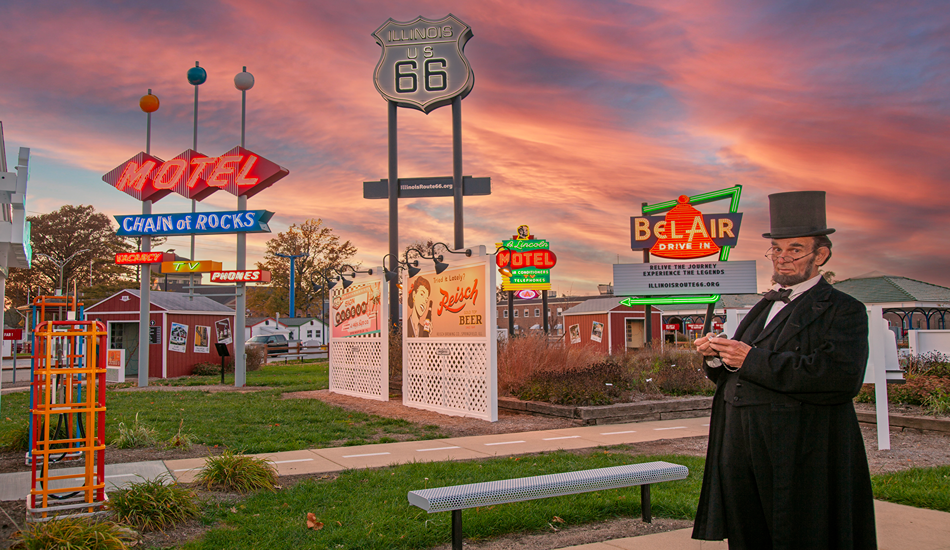 Illinois State Fairgrounds Route 66 Experience Neon Park Signs Sunset