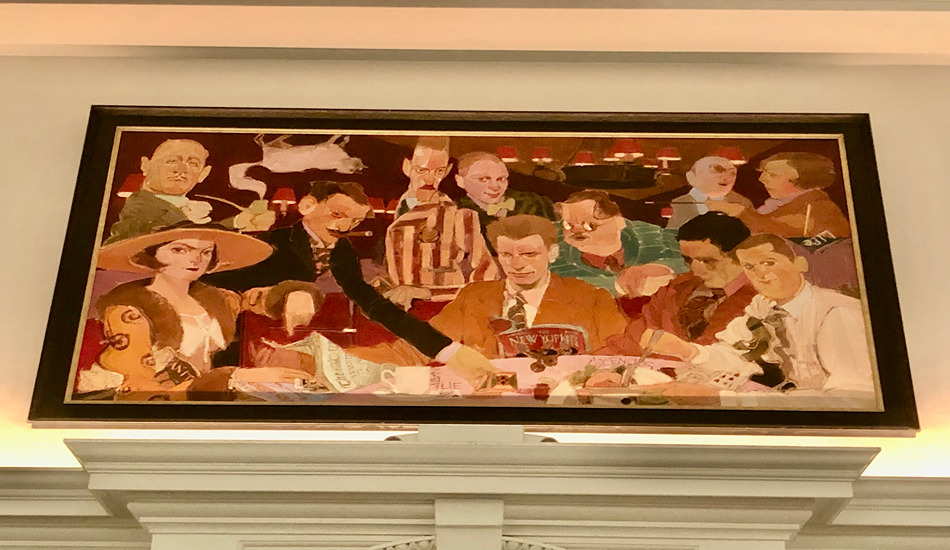 The painting A Vicious Circle by artist Natalie Ascencios, mounted in the lobby’s Blue Bar Restaurant and Lounge, depicts members of the Algonquin Round Table. 