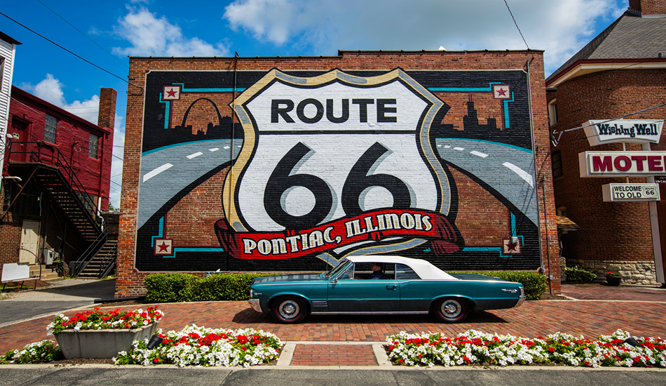 The giant Route 66 shield at the Pontiac Museum Complex is a popular selfie spot.