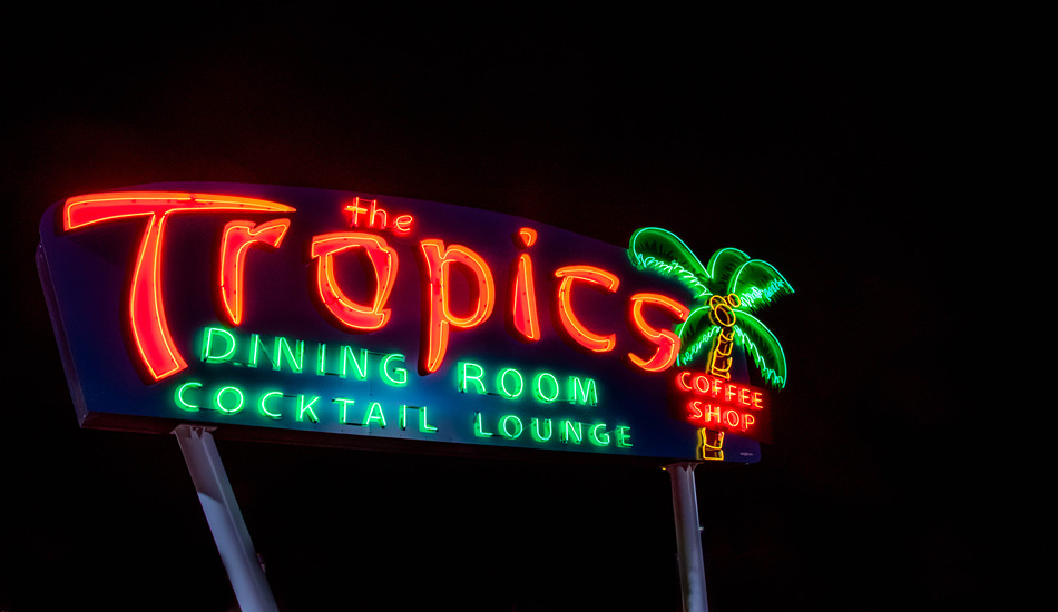 A replica of the Tropics restaurant sign has been restored and mounted in Lincoln, Illinois. (Photo credit: Logan County Tourism Bureau)