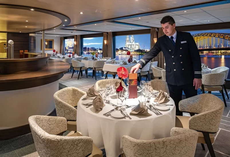 On Amadeus ships plying the rivers of Europe, guests enjoy fine dining in the Panorama Restaurant