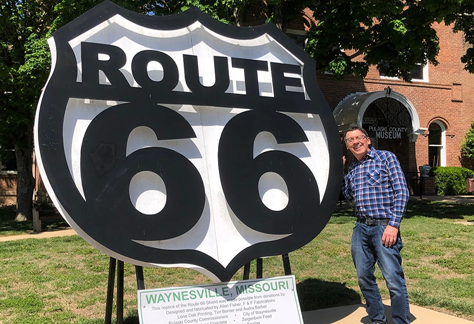 The Route 66 shield in downtown Waynesville makes a great photo op. (Randy Mink Photo)