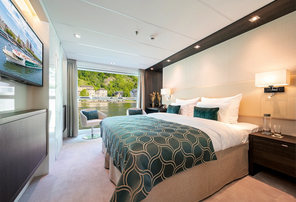 Staterooms on the Amadeus Cara and other ships in the Amadeus fleet feature a drop-down panoramic window. (Photo credit: Amadeus River Cruises)