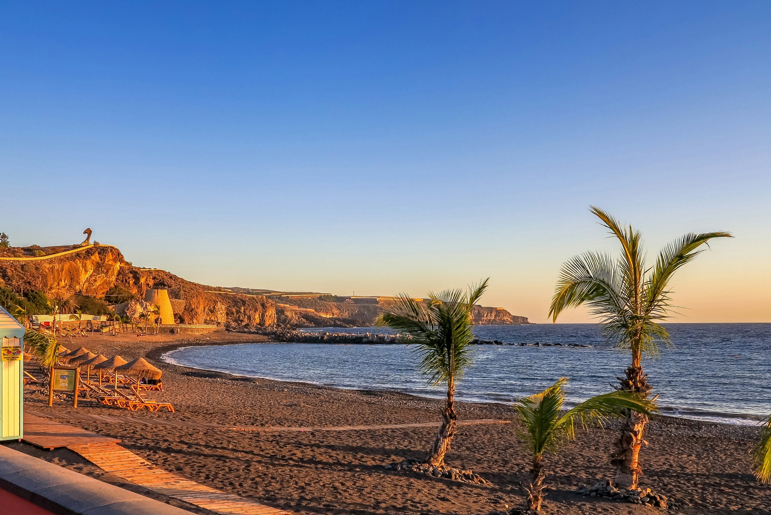 coconut trees, sand, and the sea with the rugged hill in the background in Tenerife during sunset.