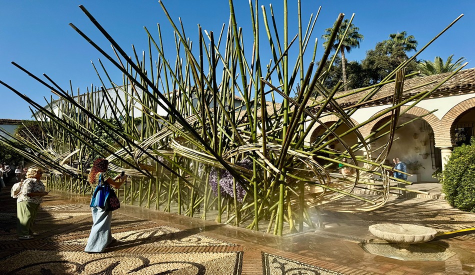 Bamboo canes and fountains dominated the winning entry in FLORA 2025. The annual competition in Cordoba features international artists who use plants and other natural materials to create large installations in existing patios.