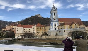 Castle ruins rest atop a hill high above Durnstein, Austria, a favorite stop on Danube River cruises.