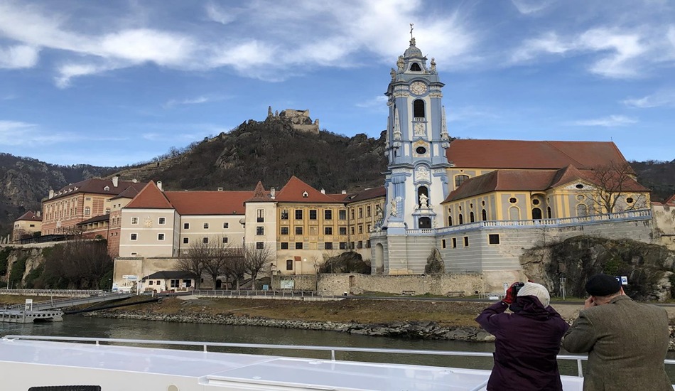 Castle ruins rest atop a hill high above Durnstein, Austria, a favorite stop on Danube River cruises.