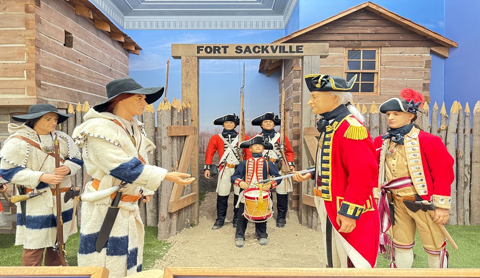 A museum exhibit at the Indiana War Memorial depicts Britain’s surrender to General George Rogers Clark at Fort Sackville in western Indiana, capping a big American victory in the Revolutionary War. (Randy Mink Photo)