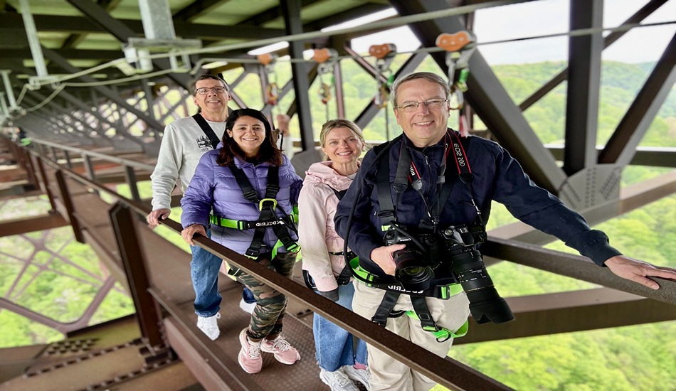 The guided Bridge Walk involves negotiating the narrow catwalk that spans the New River Gorge Bridge.